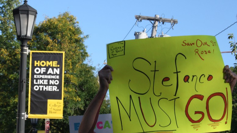 More than 40 students, faculty and community members gathered on Thursday to protest President Carolyn J. Stefanco, and proposed financial cuts. Photo by Jonas Miller